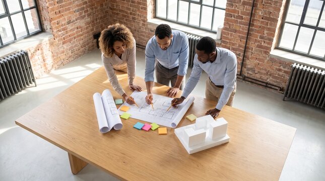 Design team reviews blueprints and scale model during studio meeting