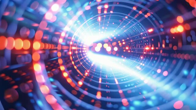 Neon Light Tunnel: A mesmerizing abstract visualization of a digital tunnel with glowing neon lights in shades of blue and orange, creating a futuristic and high-tech aesthetic.