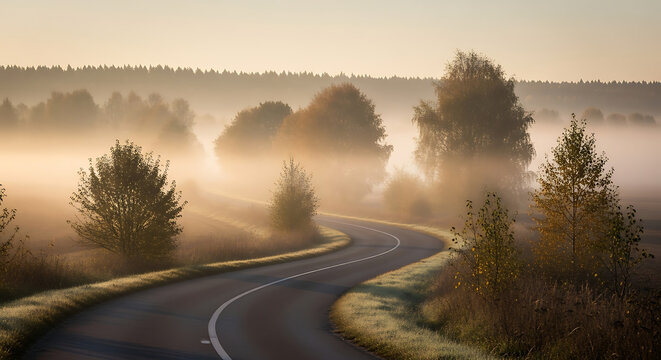 A winding country road curves through a misty forest landscape during a golden sunrise morning with rural landscape filled