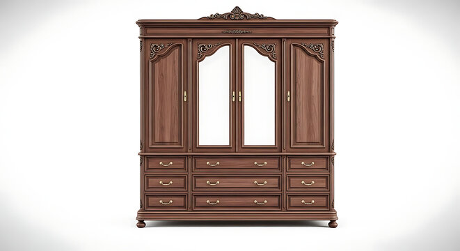 A classic wooden wardrobe with mirrored doors and multiple storage drawers against a white background