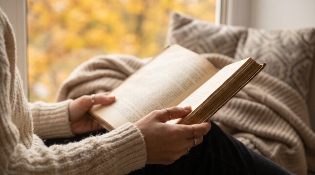 Cozy autumn reading by window, woman holding open book with warm blanket, peaceful fall lifestyle scene with yellow foliage