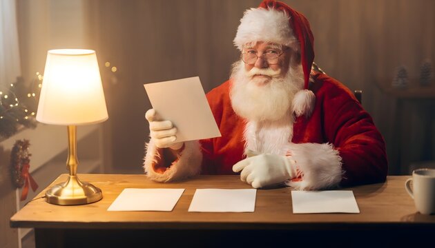 Pap&aacute; Noel leyendo una carta sentado ante un escritorio con l&aacute;mpara encendida y decoraci&oacute;n navide&ntilde;a en ambiente c&aacute;lido