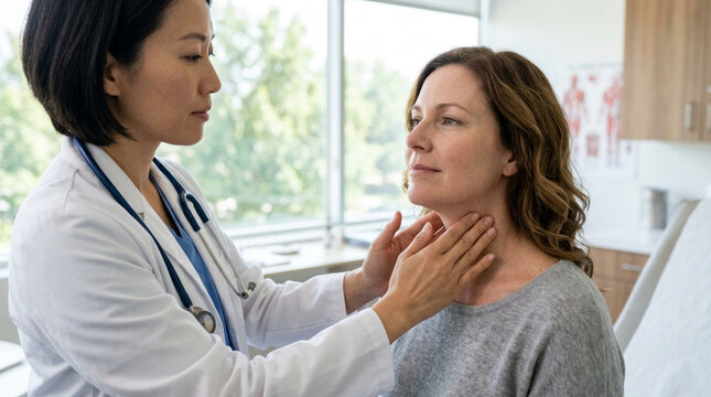 Doctor examines thyroid gland of patient, medical checkup, healthcare, examination