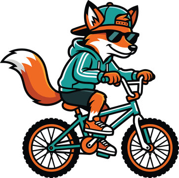 Cute cartoon fox with sunglasses wearing hoodie and cap riding on bmx bicycle isolated.