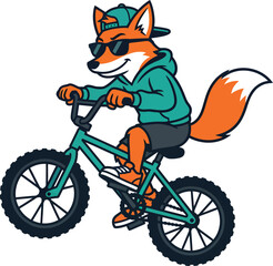 Naklejka premium Cool urban fox character wearing turquoise hoodie and sunglasses riding bmx bike vector.