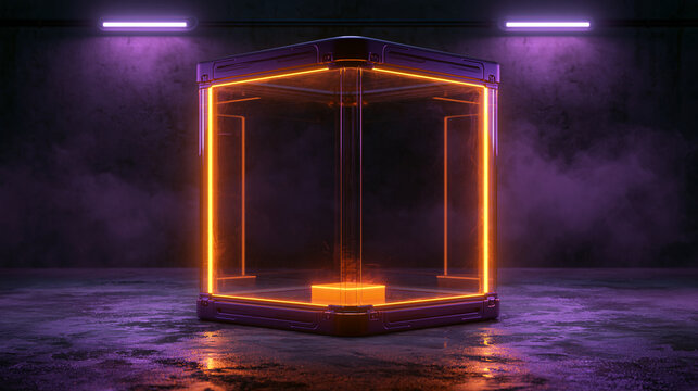 A futuristic glass cube with glowing orange neon lines glows on a dark industrial floor with purple fog. Ideal background for cyberpunk product displays.