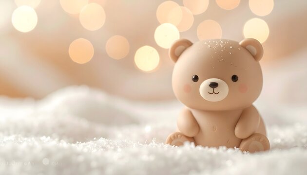 Figura decorativa de oso peque&ntilde;o en tonos beige sobre superficie blanca suave con luces c&aacute;lidas desenfocadas al fondo