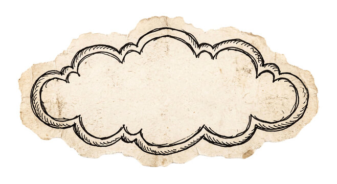 Vintage cloud-shaped paper tag with ornate border and torn edges