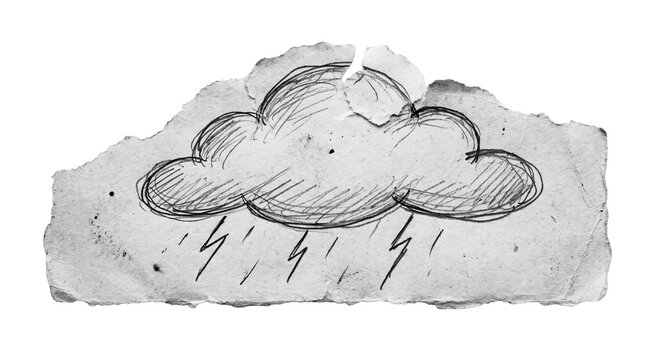 Hand-drawn sketch of a stormy cloud with lightning on torn paper