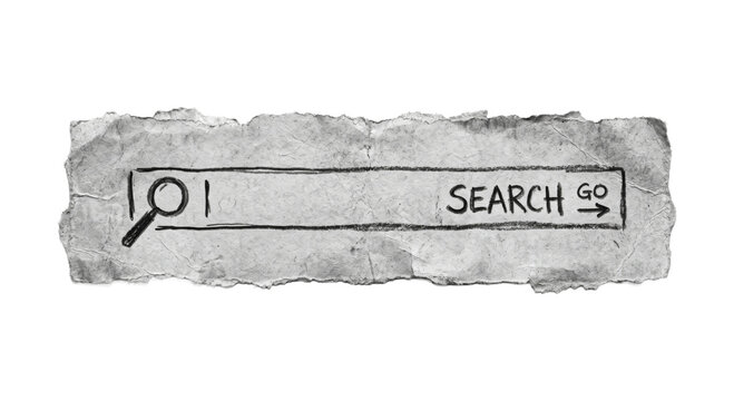 Hand-drawn search bar with magnifying glass and go button on torn paper