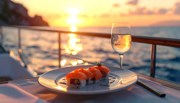 Cena servida en la cubierta de un barco con copa de vino y vistas al mar durante una puesta de sol