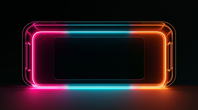 A sleek rectangular glass tray glows with vibrant pink, blue, and orange neon light. Futuristic dark template for product presentation and digital advertising.