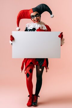 Happy Jester Woman Holding Blank Carnival Advertising Sign
