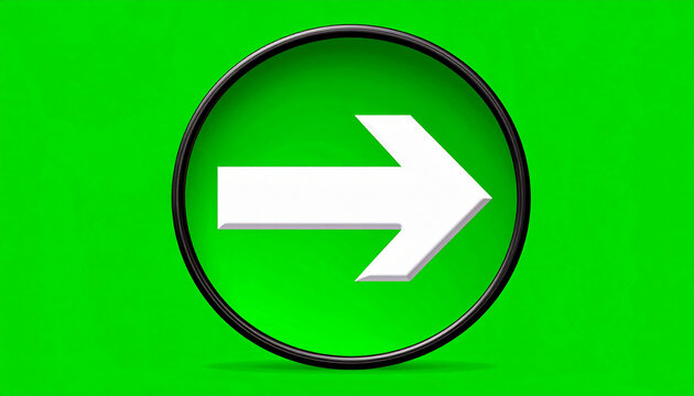Glossy White Arrow Icon on a Vibrant Green Background with a Dark Circular Border Indicating Direction and Forward Movement