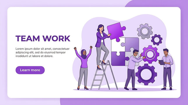Team work business landing page, diverse professional group solving puzzle, corporate collaboration and strategy illustration