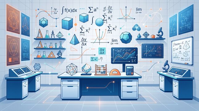 Mathematical laboratory concept with equations, geometry, calculus symbols, graphs, and scientific instruments in a clean flat design.