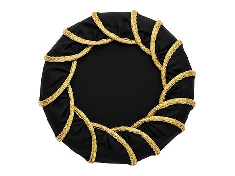 A circular black trampoline with a patterned green and orange side border