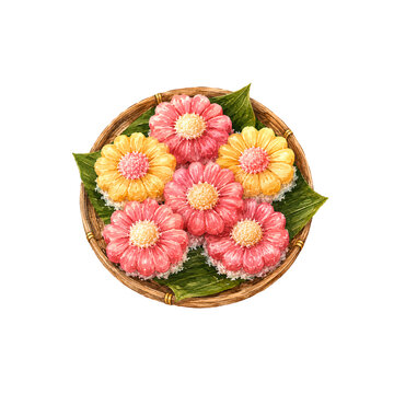 Watercolor Illustration of Colorful Traditional Indonesian Gethuk Flower Snacks on Banana Leaves in a Woven Tray

