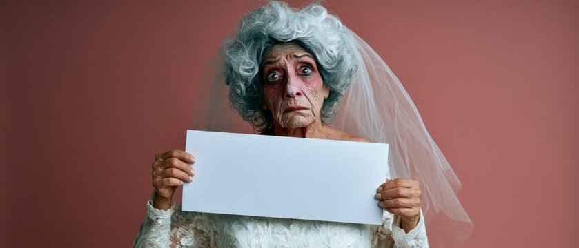 Terrified Undead Bride Holding Blank Halloween Advertising Sign
