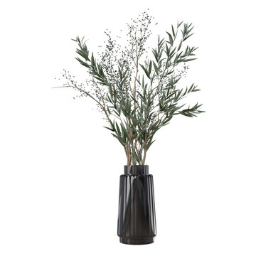 Olive branches with delicate berry stems arranged in a dark glass vase, isolated, creating an elegant botanical display for wedding decor, interiors, floral design, seasonal projects decor