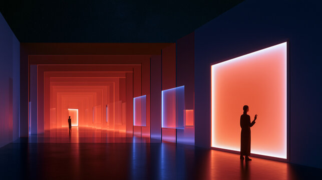 Futuristic neon gallery filled with repeating geometric frames, vivid red and blue illumination, reflective flooring and a solitary figure exploring an abstract digital space with cinematic depth