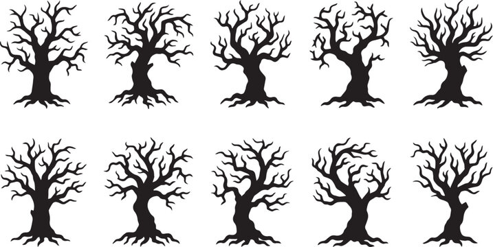 Set of ten black silhouette dead trees isolated on white background for spooky halloween design projects