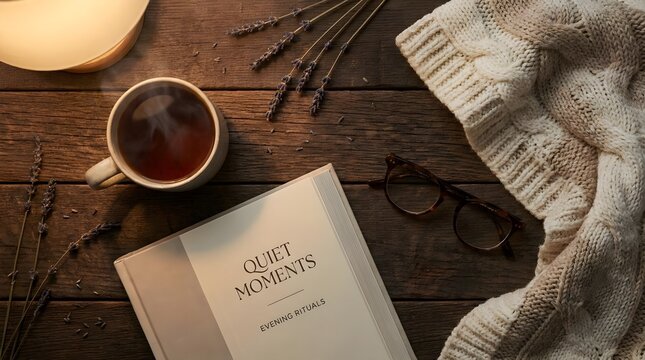 Calm Evening Routine Flat Lay With Tea Book And Soft Light
