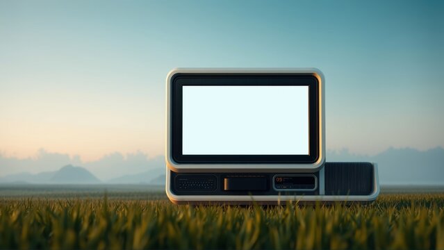 Vintage television set sits within grassy field. Distant mountains visible under soft sky. Minimalist composition, serene mood.
