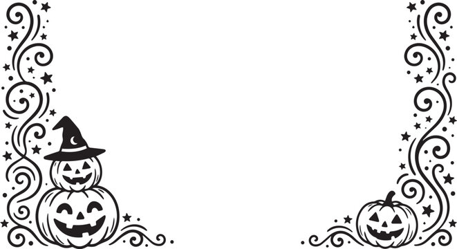 Black and white hand drawn halloween border frame with cute jack o lantern pumpkins and decorative swirls