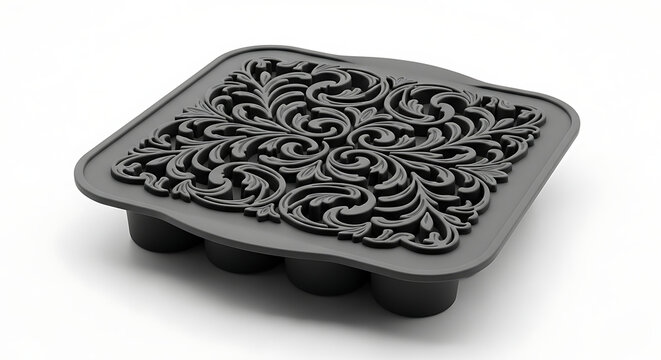 A black silicone baking mold with an intricate floral relief pattern on a white background