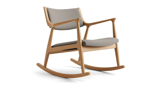 Modern light wood rocking chair with gray upholstered seat cushions isolated on white background with fabric upholstery isolated