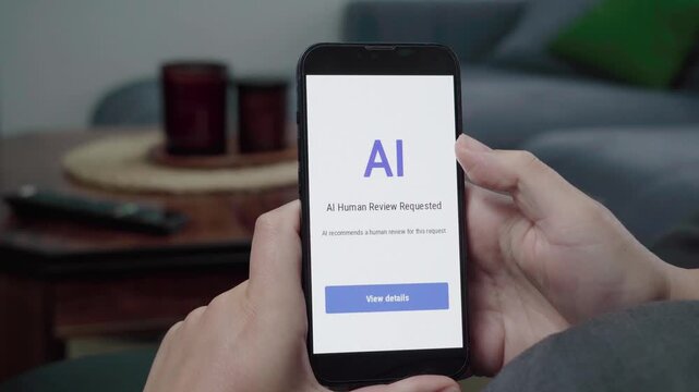 Hands use a phone app displaying an AI Human Review Requested alert with a blue View details button in a casual living room.
