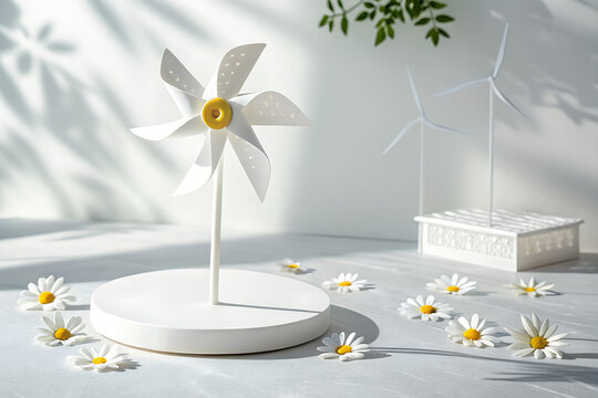 White toy wind turbine with daisy flowers on concrete background