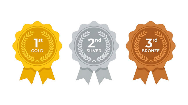 Gold silver and bronze award medals, set of 3 winner ribbons with laurel wreaths, first second and third place achievement badges