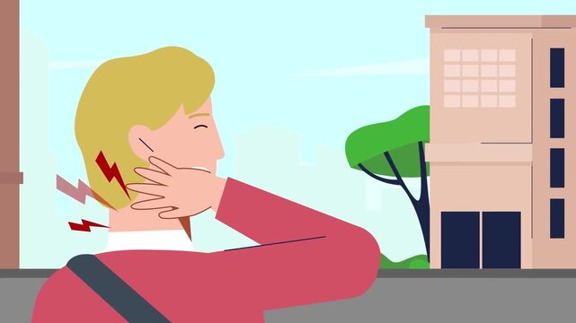 2D animation side view of a man holding his neck in severe pain while driving a car whiplash injury concept
