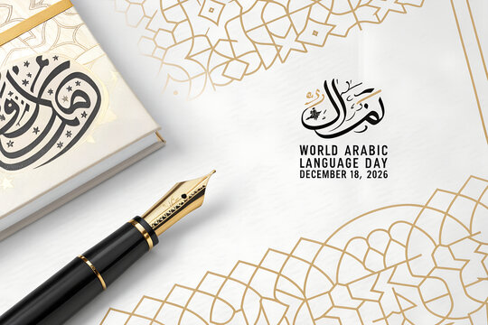 Fountain pen and notebook with arabic calligraphy for world arabic language day