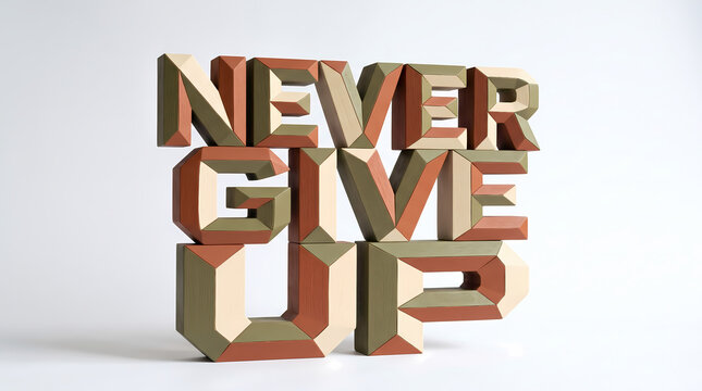3D Vintage Chiseled Never Give Up Motivational Quote Typography Isolated on White