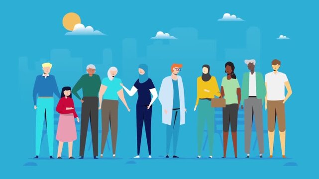 2D animation of a large diverse group of multicultural people standing together social inclusion community concept