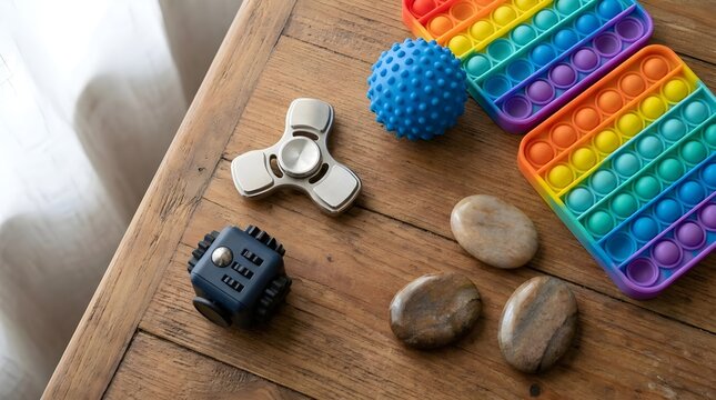 Flat Lay Of Fidget Toys For Anxiety Relief On Wooden Table