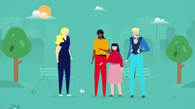 2D animation of a diverse group of people standing together in a sunny city park outdoor community concept