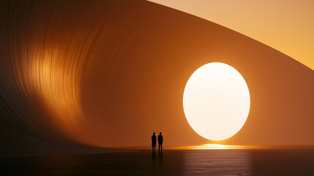 Minimal futuristic room with cyan and orange gradient lighting, a group of people in silhouette and a dark reflective floor, representing teamwork, technology and creative collaboration