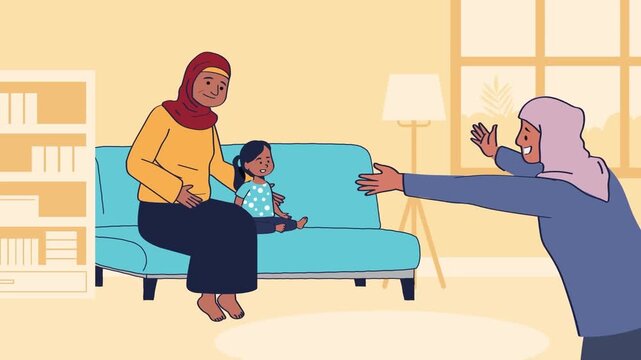 2D animation of a mother in hijab sitting on sofa opening arms to welcome her young daughter running at home