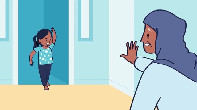 2D animation of a young girl running through doorway towards her mother in hijab opening arms home interior