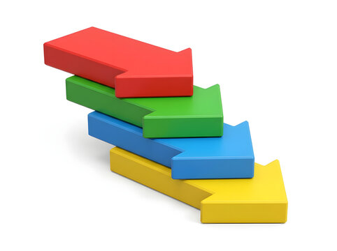 Four layered colorful 3d arrows in red green blue and yellow shades represent directional progress for data visualization charts.