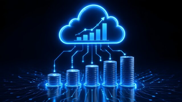 Cloud Computing and Financial Growth Concept with Glowing Blue Coins and Bar Graph