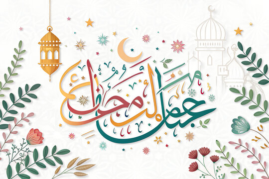 Colorful arabic calligraphy celebration greeting with lantern and floral design