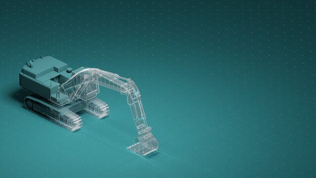 3D Excavator Wireframe Model on Digital Grid Background