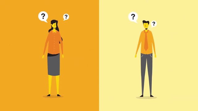 2D animation split screen of a woman and man standing separately with question mark icons decision concept