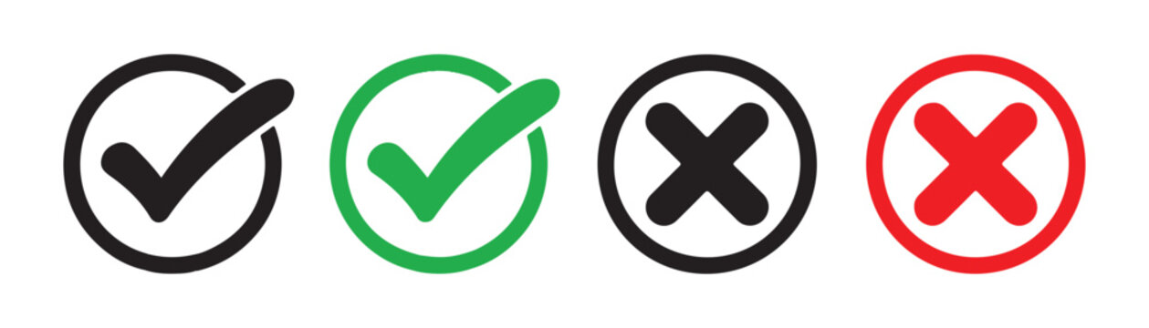 Assorted circular tick and cross vector set featuring black green and red icons for web interface.