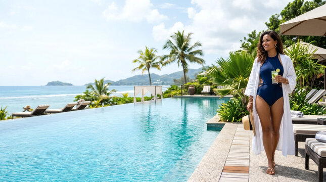 Woman relaxing by luxurious tropical resort pool with ocean view